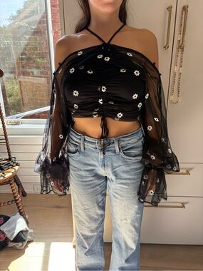 Alice McCall Black Sheer Floral Mesh Halter Crop Top